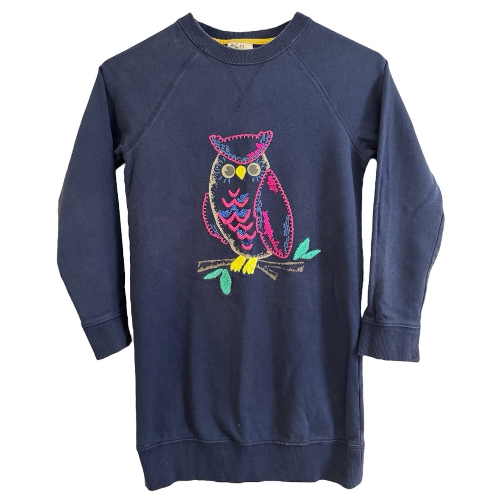 Mini Boden Blue Sweatshirt Dress with Owl Design!  Size 9-10 years!